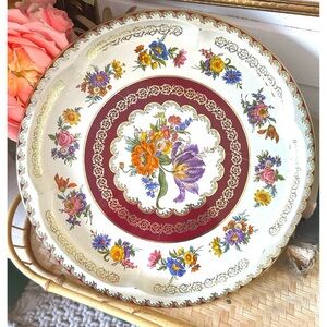 Vintage Daher Decorative Ware Round Tin Serving Tray Floral Made In England